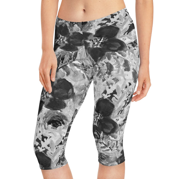 Grey Floral Women's Capri Leggings, Knee-Length Polyester Capris Tights-Made in USA (US Size: XS-2XL)