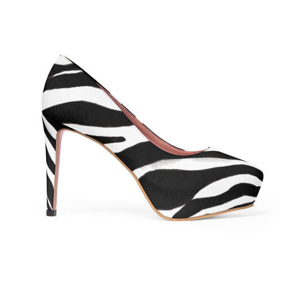 Black White Zebra Stripe Animal Print Women's 4 inch Platform Heels Pumps Stilettos-4 inch Heels-Heidi Kimura Art LLC