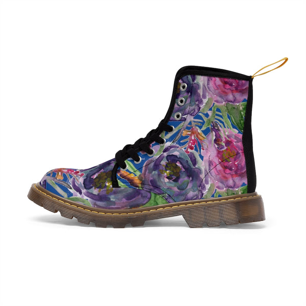 Blue Purple Rose Women's Boots, Floral Vintage Style Spring Laced-up Winter Boots For Ladies