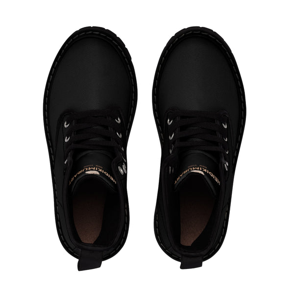 Midnight Black Solid Color Print Men's Canvas Winter Laced Up Boots Fashion Shoes-Men's Boots-Heidi Kimura Art LLC