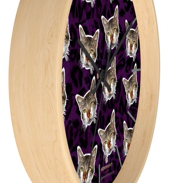 Purple Leopard Print Wall Clock, Peanut Meow Cat Cute Cat Large Clock- Made in USA-Wall Clock-Heidi Kimura Art LLC