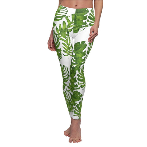 White And Green Tropical Leaf Print Women's Dressy Long Casual Leggings- Made in USA-Casual Leggings-White Seams-M-Heidi Kimura Art LLC