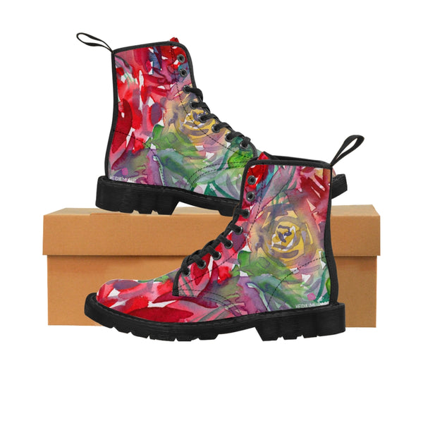Red Floral Print Women's Boots, Best Winter Flower Print Women's Boots, Combat Boots, Designer Women's Winter Lace-up Toe Cap Hiking Boots Shoes For Women (US Size 6.5-11) Flower Boots For Women, Red Floral Boots For Women