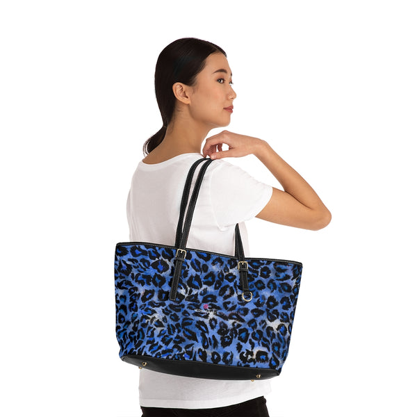 Blue Leopard Print Tote Bag, Best Stylish Leopard Animal Printed PU Leather Shoulder Large Spacious Durable Hand Work Bag 17"x11"/ 16"x10" With Gold-Color Zippers & Buckles & Mobile Phone Slots & Inner Pockets, All Day Large Tote Luxury Best Sleek and Sophisticated Cute Work Shoulder Bag For Women With Outside And Inner Zippers