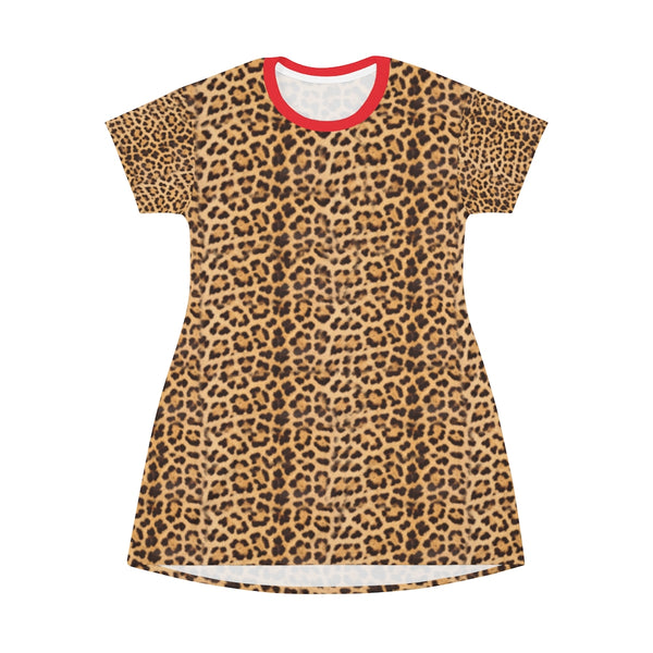 Brown Leopard Print T-Shirt Dress, Cute Modern Leopard Animal Printed Women's Dress-Made in USA-All Over Prints-Printify-Heidi Kimura Art LLC Brown Leopard Print T-Shirt Dress, Leopard Animal Print Crewneck Women's Long T-Shirt Dress- Made in USA (US Size:XS-2XL)