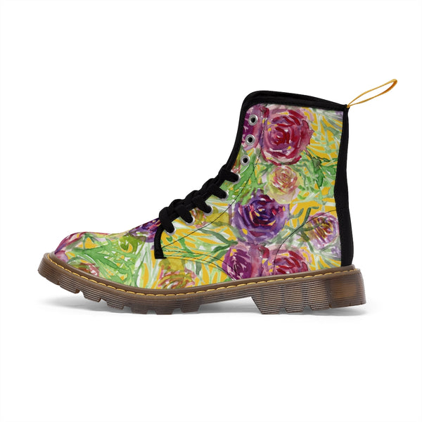 Yellow Rose Floral Women's Boots, Pink Purple Rose Flower Printed Hiking Combat Boots For Ladies