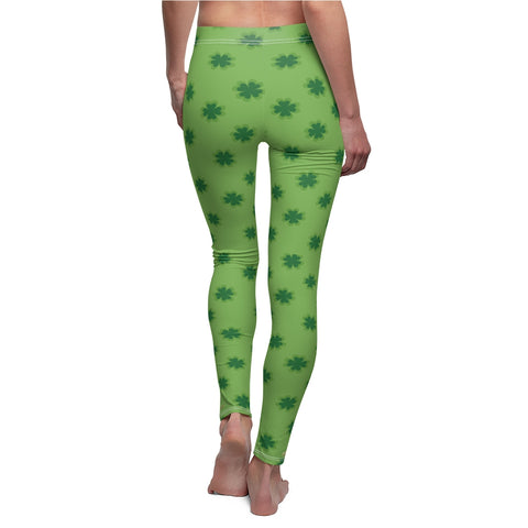 Light Green St. Patrick's Day Green Clover Print Women's Long Casual Leggings- Made in USA-Casual Leggings-White Seams-M-Heidi Kimura Art LLC