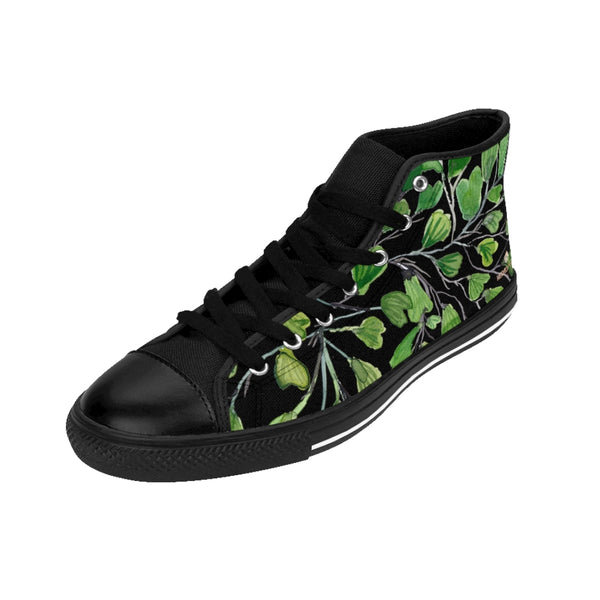 Black Green Maidenhair Men's Tennis Shoes, Tropical Print Designer Best High-top Sneakers For Men-Shoes-Printify-Heidi Kimura Art LLC