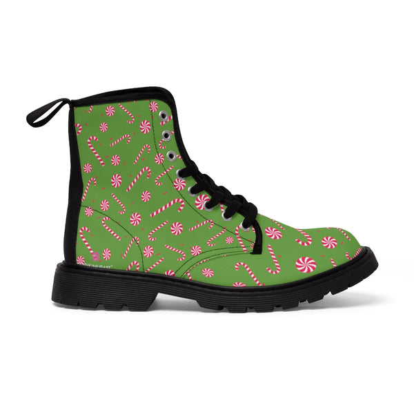 Green Christmas Women's Canvas Boots, Best Red Candy Cane Print Winter Boots For Women (US Size 6.5-11)