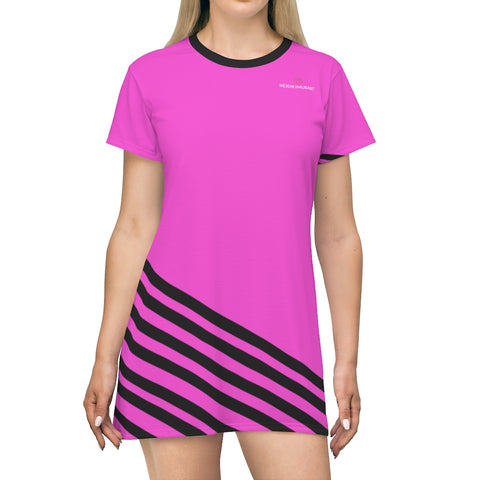 Pink Black Striped T-Shirt Dress, Diagonally Striped Pink Black Print Best Designer Crew Neck Women's Long Tee T-shirt Dress-Made in USA (US Size: XS-2XL)