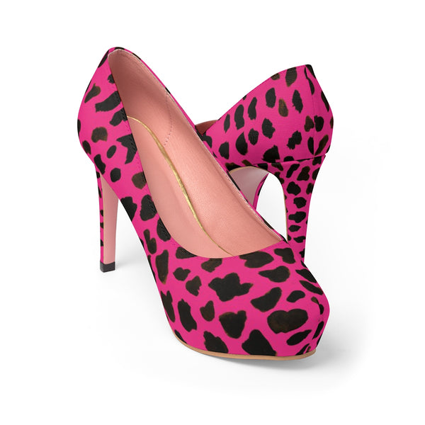 Bubblegum Pink Brown Cow Print Animal Women's 4" Platform Heels Pumps Stilettos-4 inch Heels-Heidi Kimura Art LLC