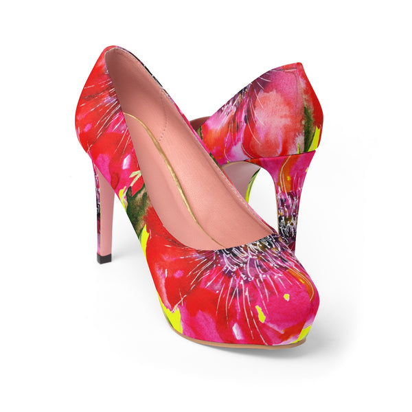 Spring Bright Red Hibiscus Flower Floral Designer Women's 4" Platform Heels Pumps-4 inch Heels-US 7-Heidi Kimura Art LLC