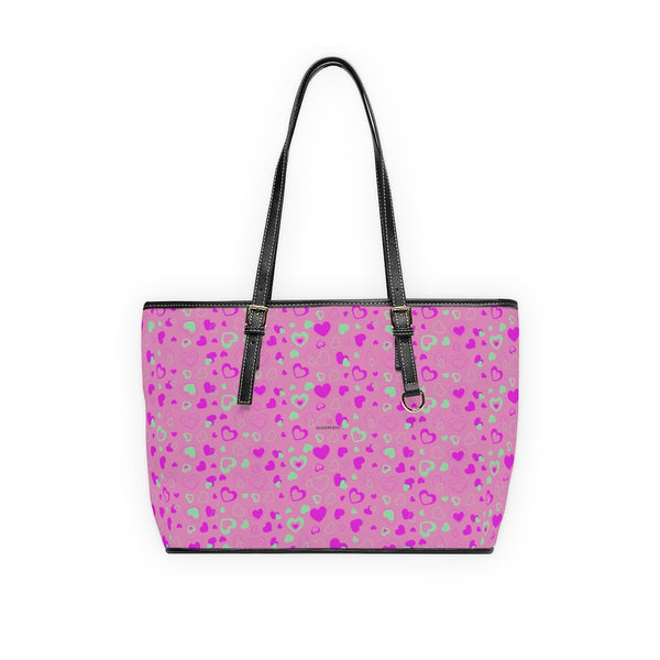 Pink Hearts Print Tote Bag, PU Leather Shoulder Hand Work Bag