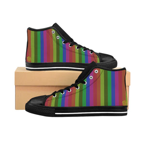 Rainbow Stripe Gay Pride Men's Nylon Canvas High-top Sneakers Shoes (US Size: 6-14)-Men's High Top Sneakers-Black-US 9-Heidi Kimura Art LLC
