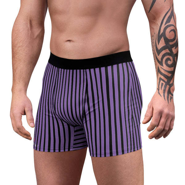 Purple Black Striped Men's Underwear, Vertical Striped Print Best Underwear For Men Sexy Hot Men's Boxer Briefs Hipster Lightweight 2-sided Soft Fleece Lined Fit Underwear - (US Size: XS-3XL)