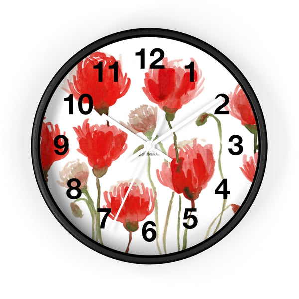 Red Poppy Floral Wall Clock,  Best Numeric Floral 10 inch Diameter Flower Wall Clock-Made in USA, Large Round Wood Girl Children Bedroom Wall Clock