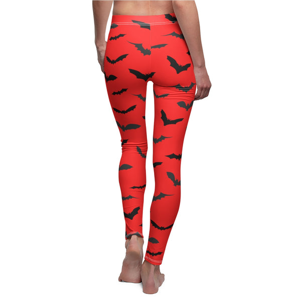 Bright Red Black Bats Print Women's Halloween Costume Casual Leggings- Made in USA-Casual Leggings-Heidi Kimura Art LLC