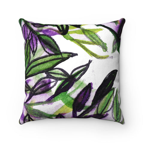 Green Tropical Leaves Print Luxury Faux Suede Square Pillow - Made in USA-Pillow-14x14-Heidi Kimura Art LLC