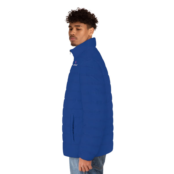 Dark Blue Color Men's Jacket, Solid Blue Color Best Casual Men's Winter Jacket, Best Modern Minimalist Classic Solid  Color Regular Fit Polyester Men's Puffer Jacket With Stand Up Collar (US Size: S-2XL)