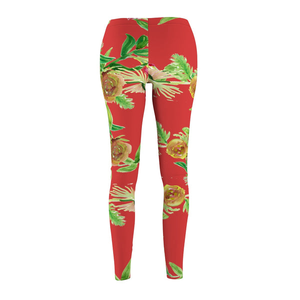 Red Peach Rose Floral Print Women's Tights / Casual Leggings - Made in USA-Casual Leggings-Heidi Kimura Art LLC