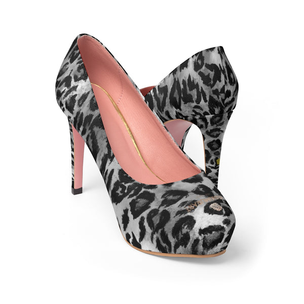 Gray Black Snow Leopard Animal Print Women's Platform Heels Pumps (US Size: 5-11)-4 inch Heels-Heidi Kimura Art LLC