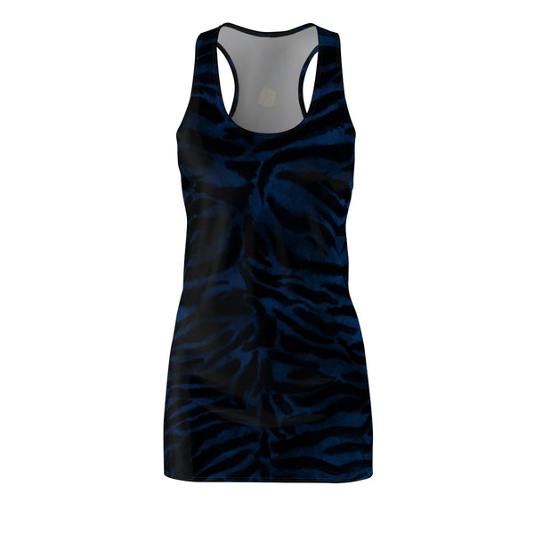 Women's Navy Blue Black Fierce Tiger Stripe Animal Print Sleeveless Dress, Made in USA-Women's Sleeveless Dress-L-Heidi Kimura Art LLC