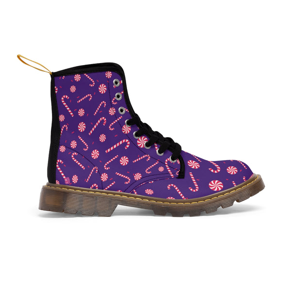 Purple Christmas Women's Canvas Boots, Red Candy Cane Print Winter Boots For Women