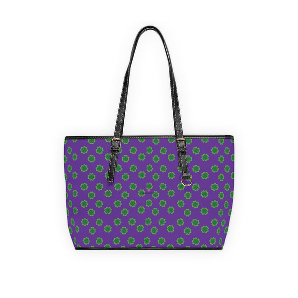 Purple Clovers Tote Bag, PU Leather Shoulder Hand Work Bag