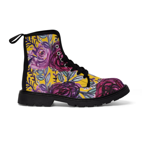 Yellow Purple Rose Women's Boots, Flower Rose Print Elegant Feminine Casual Fashion Gifts, Flower Rose Print Shoes For Rose Lovers, Combat Boots, Designer Women's Winter Lace-up Toe Cap Hiking Boots Shoes For Women (US Size 6.5-11)