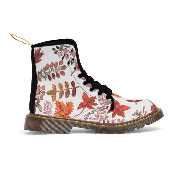 White Fall Leaves Women's Boots, White and Orange Autumn Fall Leaves Print Women's Boots, Combat Boots, Designer Women's Winter Lace-up Toe Cap Hiking Boots Shoes For Women (US Size 6.5-11) Fall Leaves Fashion Canvas Shoes, Fall Leaves Print Winter Boots, Autumn Leaves Printed Boots For Ladies, Colorful Boots For Women