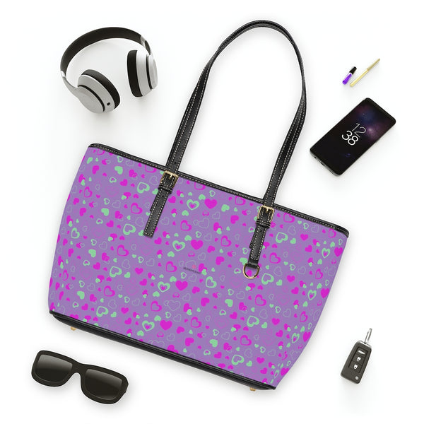 Purple Pink Hearts Tote Bag, PU Leather Shoulder Hand Work Bag