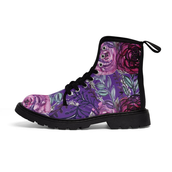 Deep Purple Rose Women's Boots, Flower Rose Print Elegant Feminine Casual Fashion Gifts, Flower Rose Print Shoes For Rose Lovers, Combat Boots, Designer Women's Winter Lace-up Toe Cap Hiking Boots Shoes For Women (US Size 6.5-11)