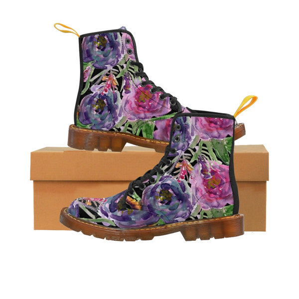 Black Pink Rose Women's Boots, Mixed Floral Print Designer Premium Winter Boots For Women