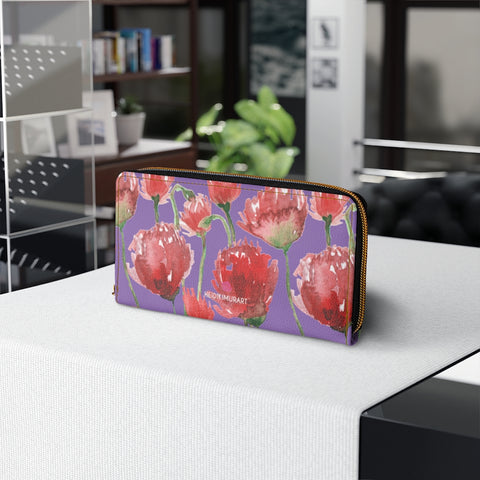 Purple Red Tulips Zipper Wallet, Colorful Red Tulips Flower Print Best Long Compact Cruelty Free Faux Leather High Quality Cardholders Wallet For Women, One Size 7.9"x4.3"x.98"