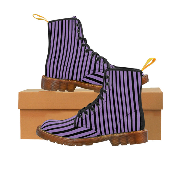 Purple Striped Print Men's Boots, Black Stripes Best Hiking Designer Winter Boots Laced Up Shoes For Men-Shoes-Printify-Brown-US 8-Heidi Kimura Art LLC
