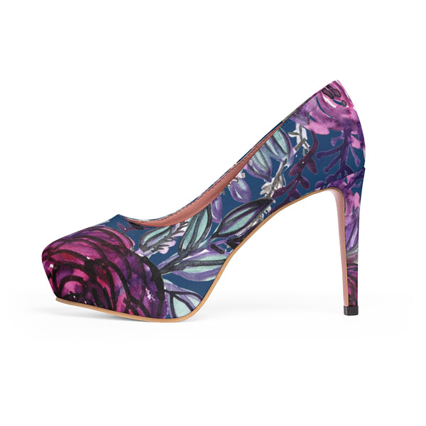 Royal Blue Purple Rose Floral Women's Platform Heels Stiletto Pumps (US Size: 5-11)-4 inch Heels-Heidi Kimura Art LLC