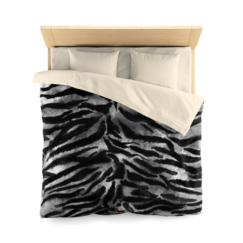 Gray Tiger Striped Duvet Cover, Black Bengal Tiger Print Queen/ Twin Size Microfiber Cover-Duvet Cover-Queen-Cream-Heidi Kimura Art LLC