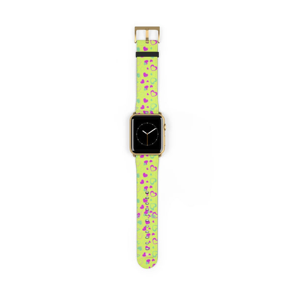 Light Green Pink Hearts Shaped Print Premium 38mm/ 42mm Watch Band- Made in USA-Watch Band-42 mm-Gold Matte-Heidi Kimura Art LLC