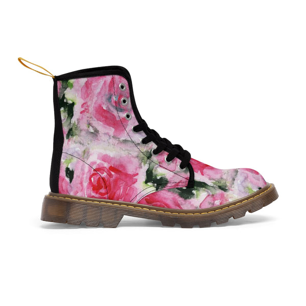 Pink Rose Floral Print Designer Women's Winter Lace-up Toe Cap Boots Shoes (US 6.5-11)-Women's Boots-Heidi Kimura Art LLC