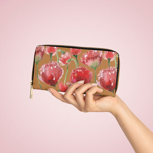 Beige Red Tulips Zipper Wallet, Red Tulips Flower Print Best Long Compact Cruelty Free Faux Leather High Quality Cardholders Wallet For Women, One Size 7.9"x4.3"x.98"