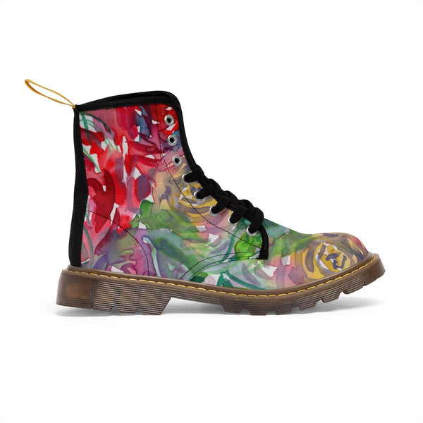 Red Floral Print Women's Boots, Watercolor Flower Printed Hiking Combat Boots For Ladies