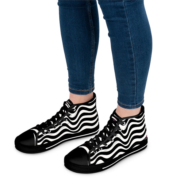 Black White Wavy Ladies' High Tops, Best Women's High Top Sneakers