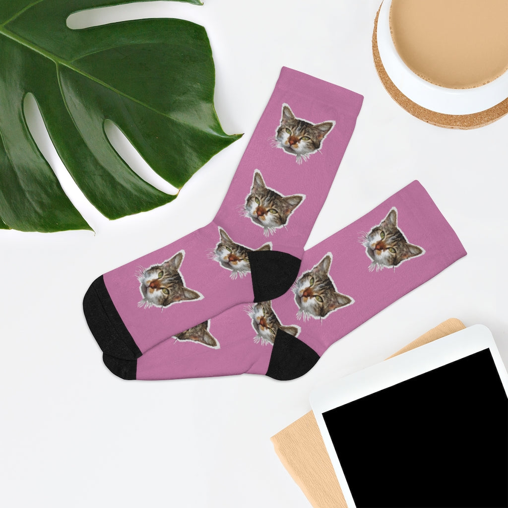 Pink Cat Print Socks, Designer Cute Calico Cat 1-Size Knit Premium Socks- Made in USA-Socks-One size-Heidi Kimura Art LLC