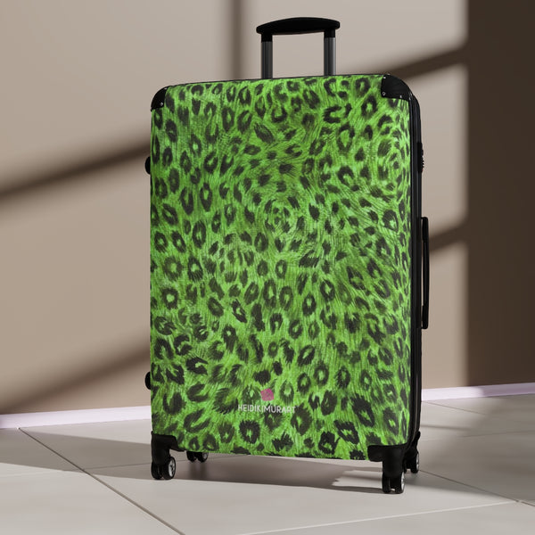 Green Leopard Print Suitcases, Leopard Spots Animal Print Designer Suitcase Luggage (Small, Medium, Large) Unique Cute Spacious Versatile and Lightweight Carry-On or Checked In Suitcase, Best Personal Superior Designer Adult's Travel Bag Custom Luggage - Gift For Him or Her - Made in USA/ UK
