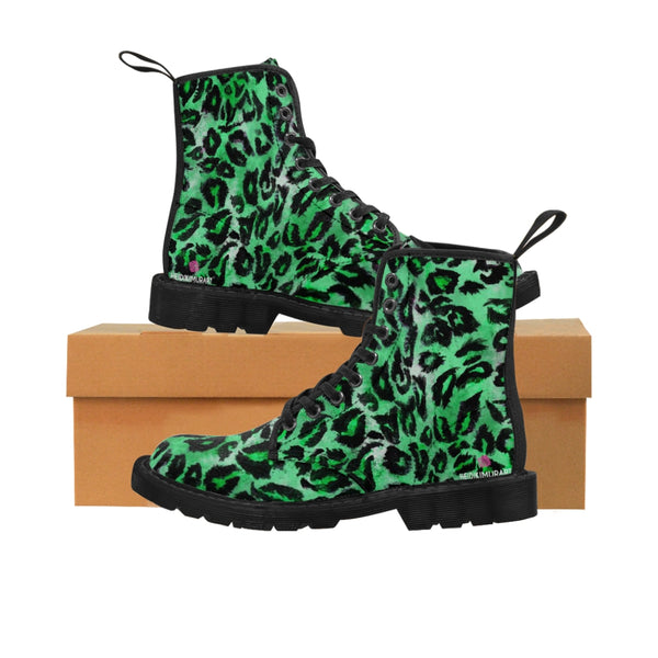 Green Leopard Women's Canvas Boots, Best Leopard Animal Print Winter Boots For Ladies