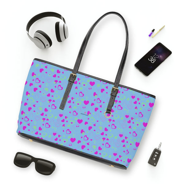 Blue Pink Hearts Tote Bag, PU Leather Shoulder Hand Work Bag