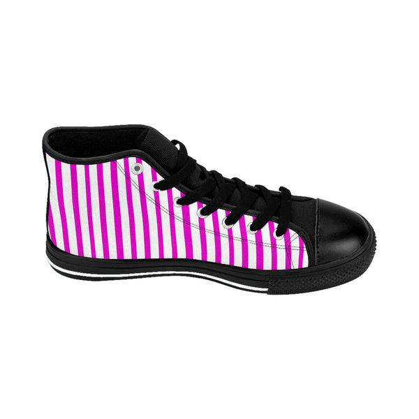 Pink Striped Men's High-top Sneakers, Pink White Modern Stripes Men's High Tops, High Top Striped Sneakers, Striped Casual Men's High Top For Sale, Fashionable Designer Men's Fashion High Top Sneakers, Tennis Running Shoes (US Size: 6-14)