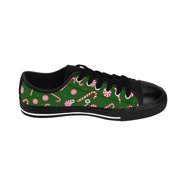 Dark Green Red White Candy Cane Christmas Print Men's Low Top Sneakers Tennis Shoes-Men's Low Top Sneakers-Heidi Kimura Art LLC