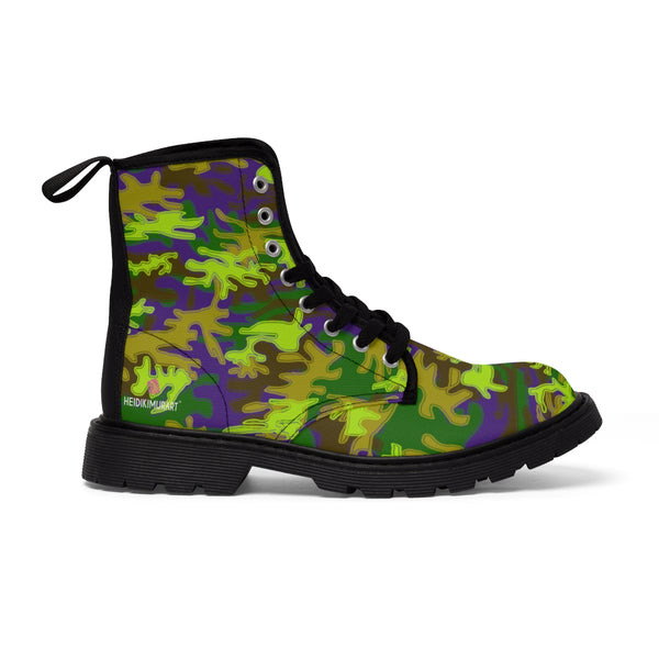 Purple Green Camo Women's Boots, Army Military Print Best Winter Laced Up Canvas Boots For Women (US Size 6.5-11)