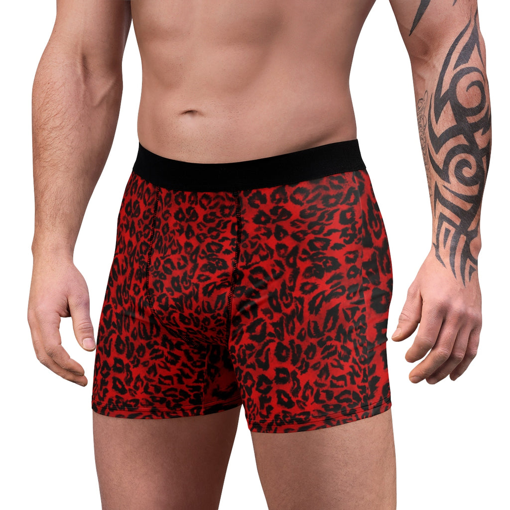 Red Leopard Men's Underwear, Animal Print Premium Boxer Briefs